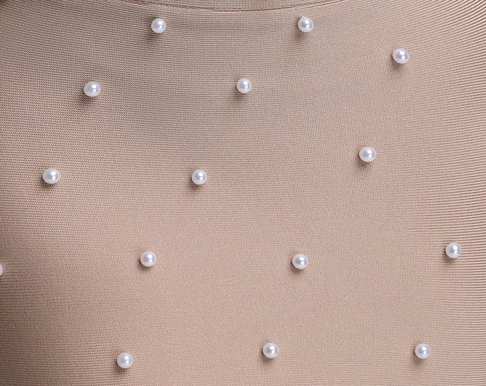 Nude Pearl Encrusted High Halter Neck Sleeveless Bodycon Mini Dress