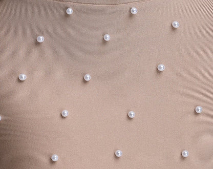 Nude Pearl Encrusted High Halter Neck Sleeveless Bodycon Mini Dress