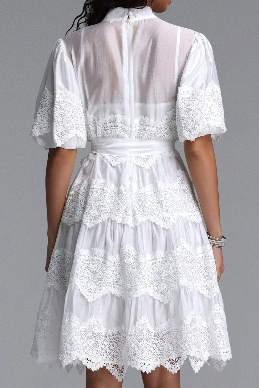 White Mandarin Collar Puff Sleeve Tiered Lace Midi Dress with Waist Sash