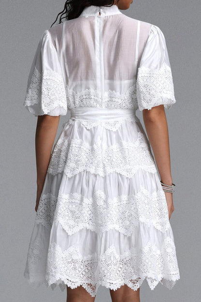 White Mandarin Collar Puff Sleeve Tiered Lace Midi Dress with Waist Sash