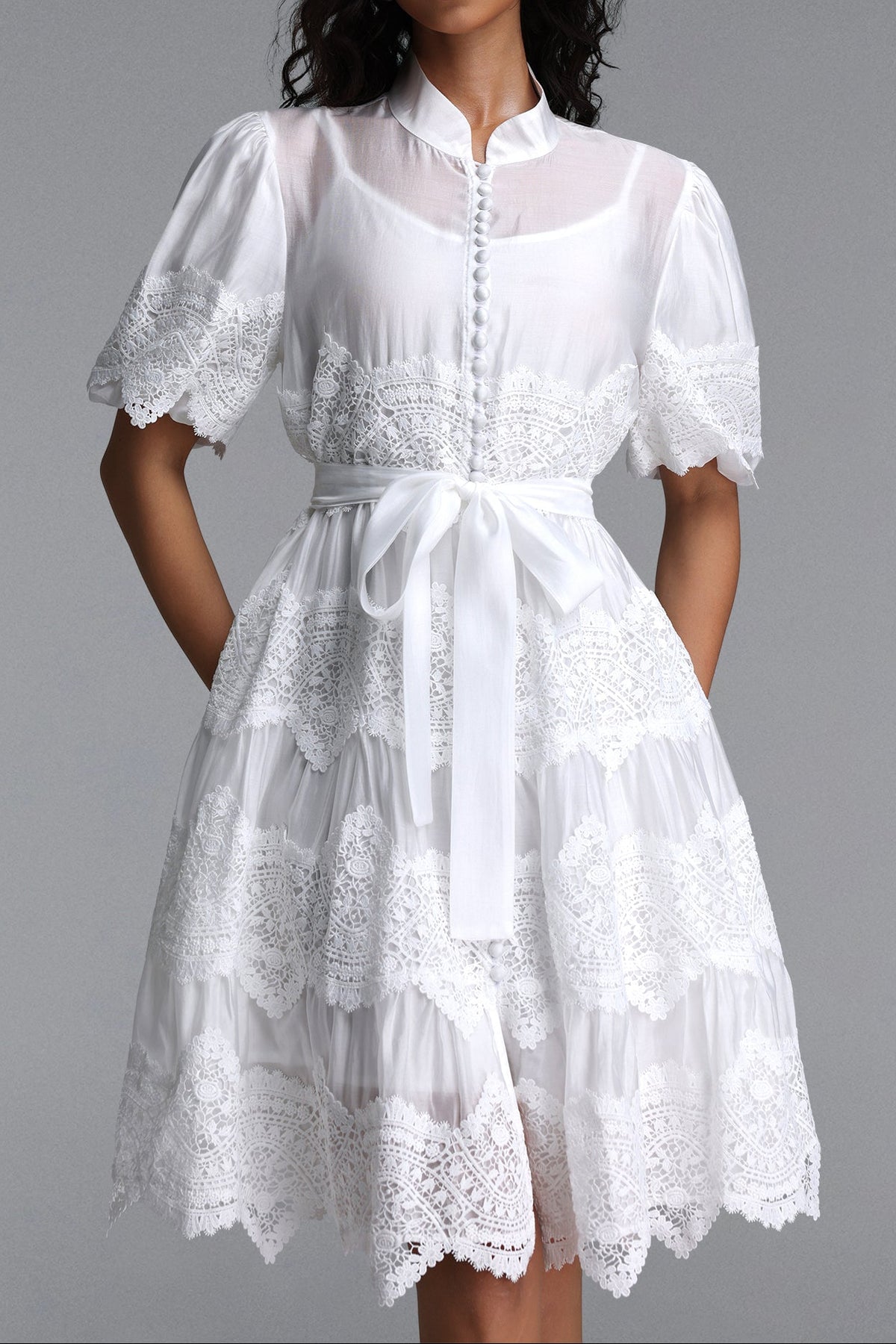 White Mandarin Collar Puff Sleeve Tiered Lace Midi Dress with Waist Sash