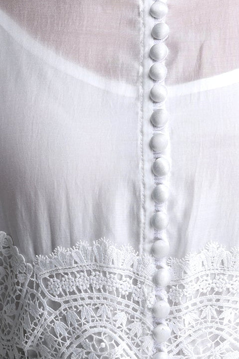 White Mandarin Collar Puff Sleeve Tiered Lace Midi Dress with Waist Sash