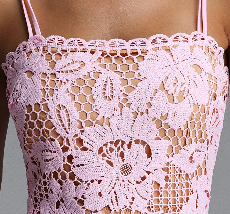 Pink Hollow Floral Crochet Lace Thin Spaghetti Strap Scalloped Neck Fishtail Mermaid Midi Dress