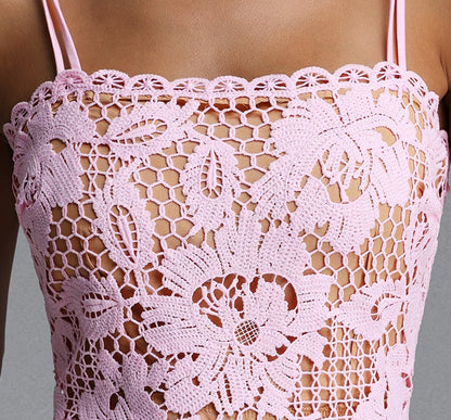 Pink Hollow Floral Crochet Lace Thin Spaghetti Strap Scalloped Neck Fishtail Mermaid Midi Dress