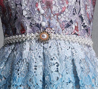 Ombre Gradient Floral Lace Stand Collar Short Puff Sleeve Pearl Button Rhinestone Belt A-Line Midi Dress