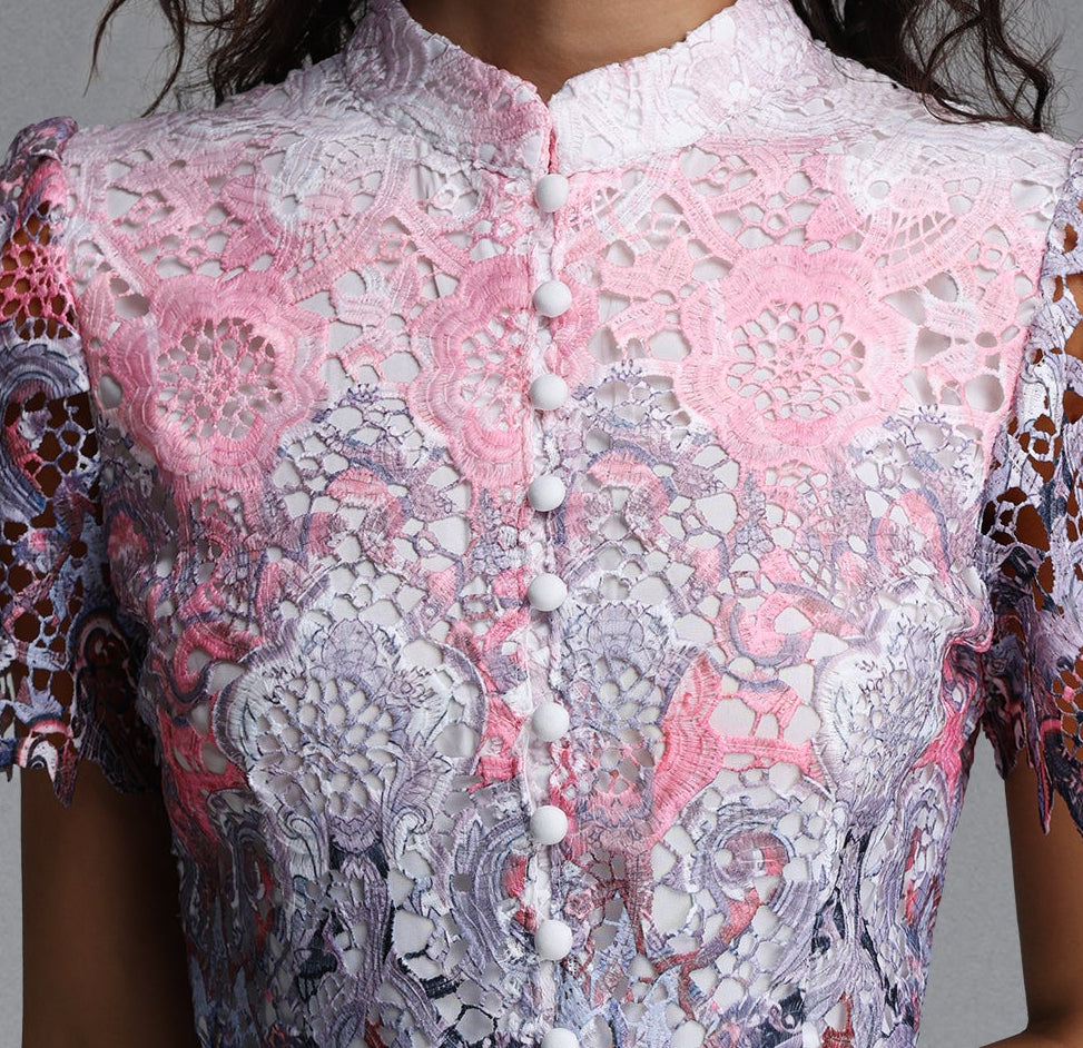 Ombre Gradient Floral Lace Stand Collar Short Puff Sleeve Pearl Button Rhinestone Belt A-Line Midi Dress