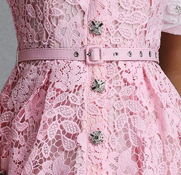 Pink Contrast White Peter Pan Collar Rhinestone Button Short Sleeve Lace Belted High Slit Midi Shirt Dress