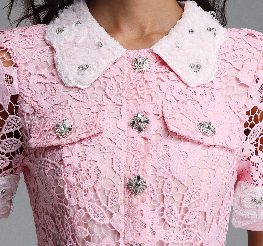 Pink Contrast White Peter Pan Collar Rhinestone Button Short Sleeve Lace Belted High Slit Midi Shirt Dress