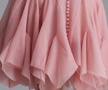 Blush Pink Crew Neck Sleeveless Vertical Button Front Flared Ruffle Hem Midi Dress
