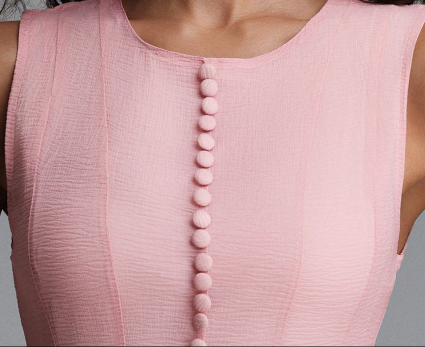 Blush Pink Crew Neck Sleeveless Vertical Button Front Flared Ruffle Hem Midi Dress