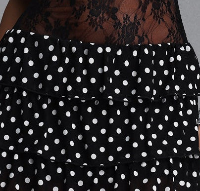 Black White Polka Dot Off Shoulder Puff Sleeve Front Tie Sheer Floral Mesh Lace Tiered Ruffle Mini Dress