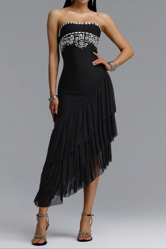Black Strapless Rhinestone Embellished Asymmetric Ruffle Tulle Midi Dress