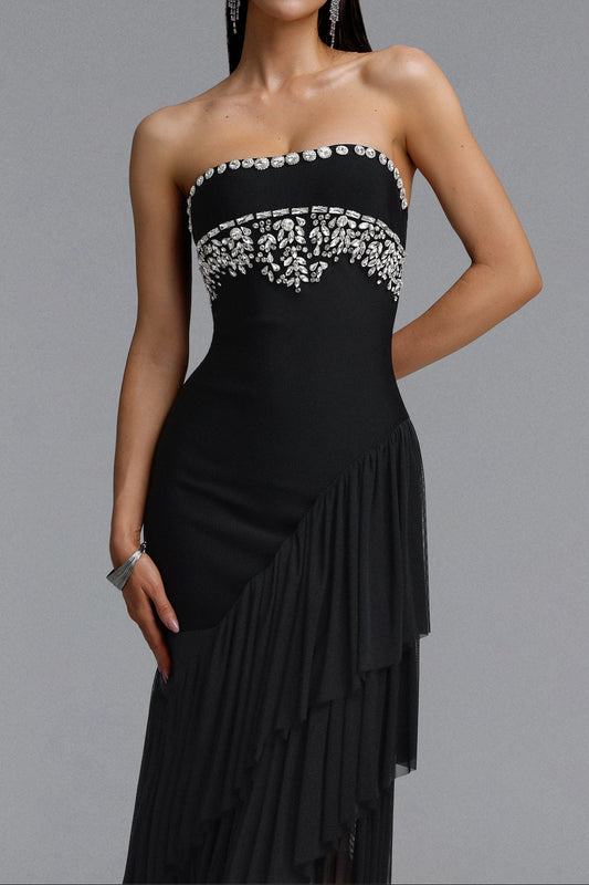 Black Strapless Rhinestone Embellished Asymmetric Ruffle Tulle Midi Dress