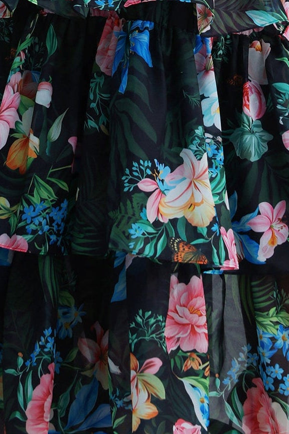 Tropical Floral Cutout High Low Tiered Maxi Dress