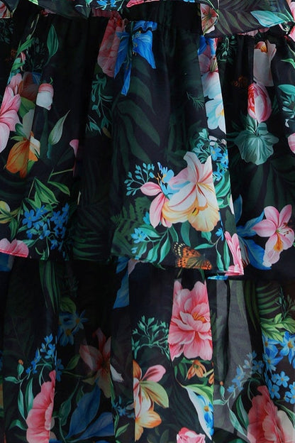 Tropical Floral Cutout High Low Tiered Maxi Dress