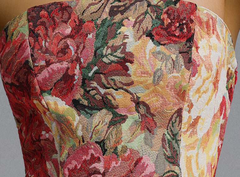 Vintage Oil Painting Floral Tapestry Strapless Tube Top Fringe Hem Bodycon Mini Dress
