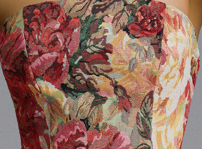 Vintage Oil Painting Floral Tapestry Strapless Tube Top Fringe Hem Bodycon Mini Dress