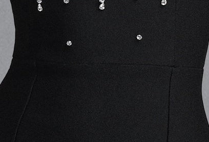 Black Stand Collar Statement Puff Shoulder Floral Rhinestone Fitted Midi Formal Dress