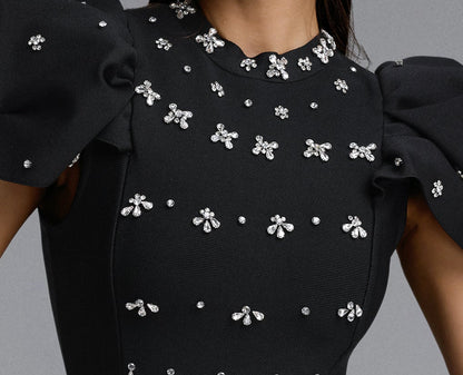 Black Stand Collar Statement Puff Shoulder Floral Rhinestone Fitted Midi Formal Dress