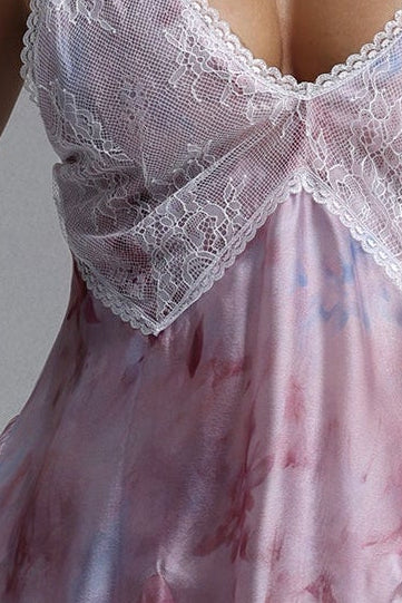 Pink Watercolor Floral Lace V-Neck Asymmetric Ruffle Maxi Slip Dress