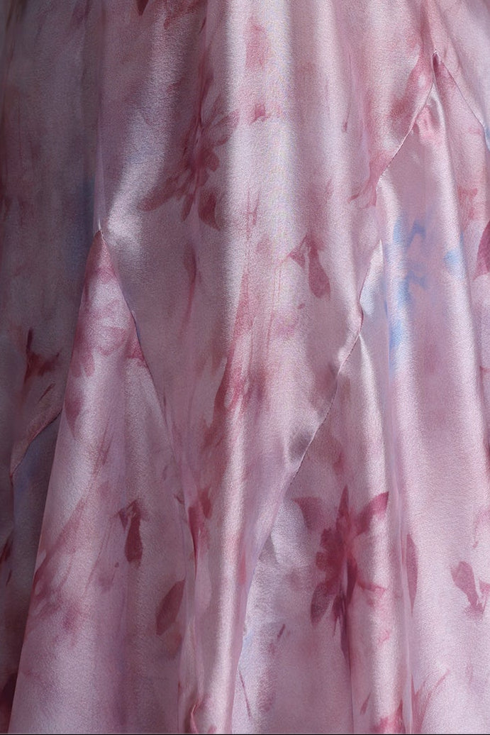 Pink Watercolor Floral Lace V-Neck Asymmetric Ruffle Maxi Slip Dress