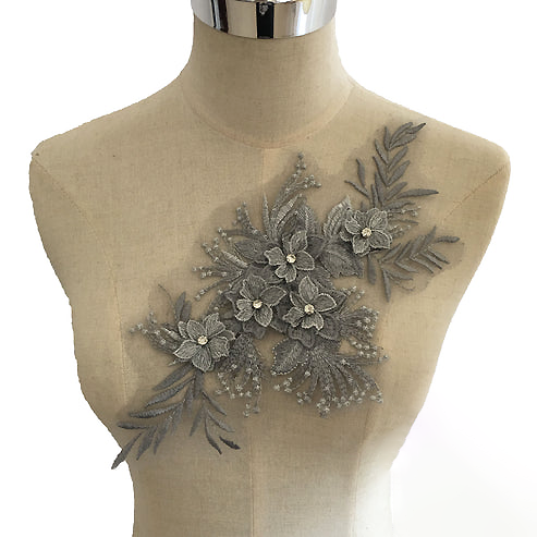 Strapless Layered Organza Midi Dress In White With Graay Flower Embroidery