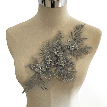 Strapless Layered Organza Midi Dress In White With Graay Flower Embroidery