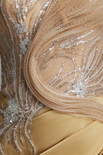 Strapless Rhinestone Mesh Ruffle Satin Mermaid Evening Gown
