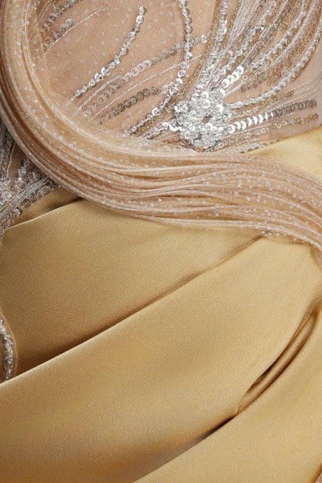 Strapless Rhinestone Mesh Ruffle Satin Mermaid Evening Gown