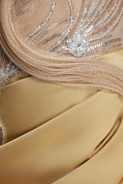 Strapless Rhinestone Mesh Ruffle Satin Mermaid Evening Gown