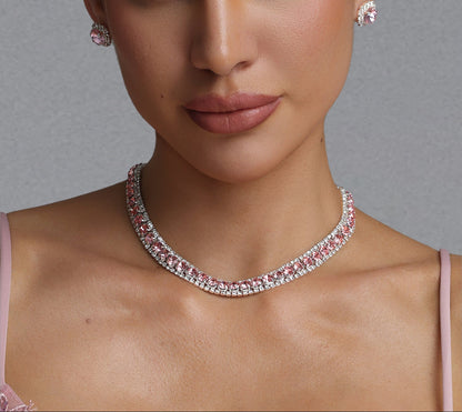 Pink Crystal Rhinestone Choker & Stud Earring Jewelry Set