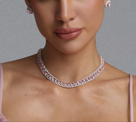 Pink Crystal Rhinestone Choker & Stud Earring Jewelry Set