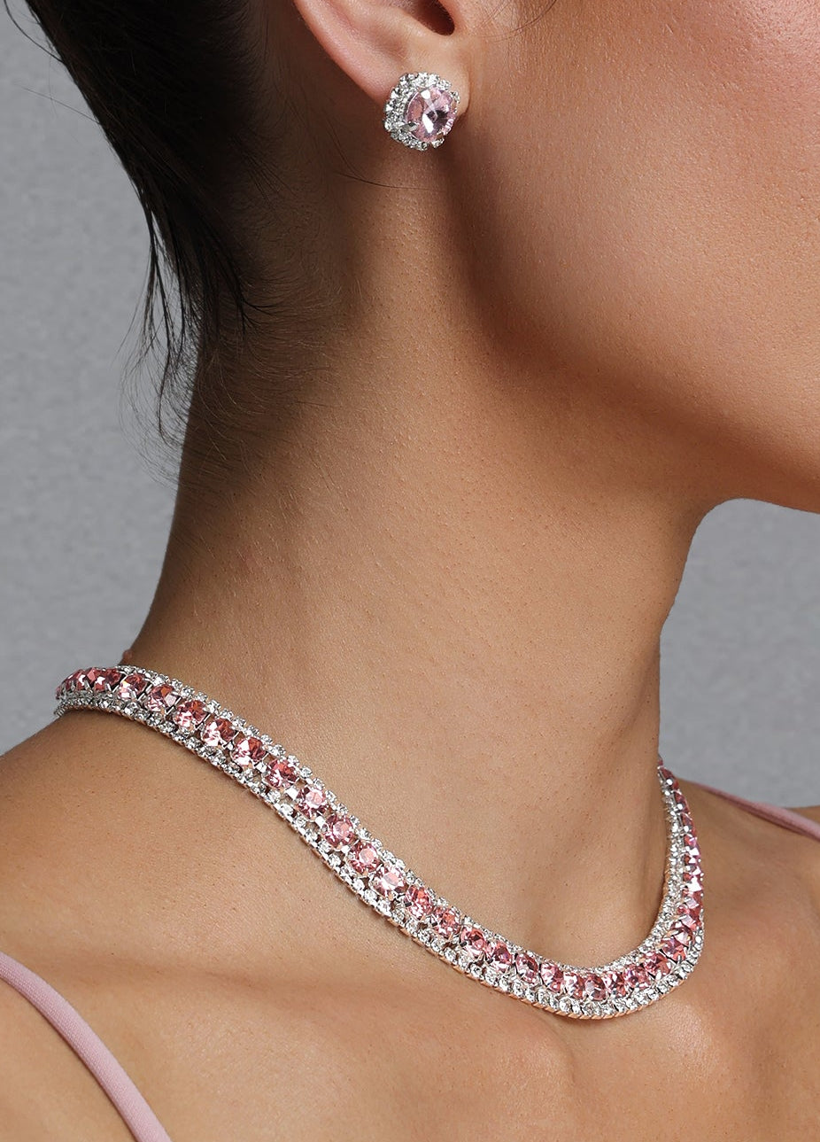 Pink Crystal Rhinestone Choker & Stud Earring Jewelry Set