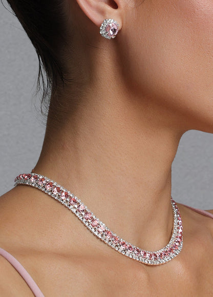Pink Crystal Rhinestone Choker & Stud Earring Jewelry Set