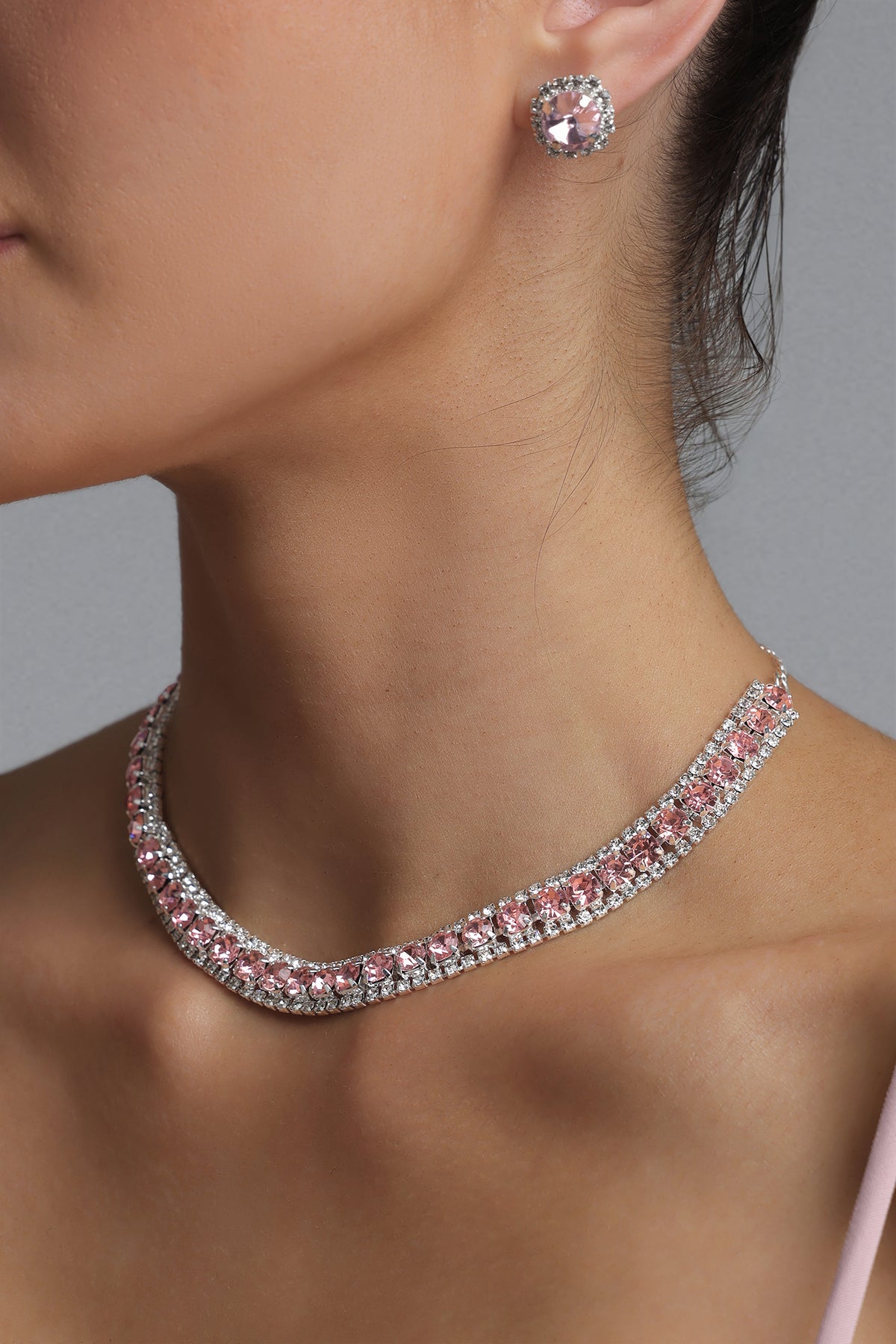 Pink Crystal Rhinestone Choker & Stud Earring Jewelry Set