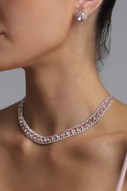 Pink Crystal Rhinestone Choker & Stud Earring Jewelry Set