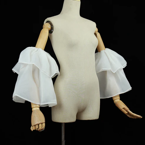 Strapless Layered Organza Midi Dress In White With Bell Cuff Sleeves