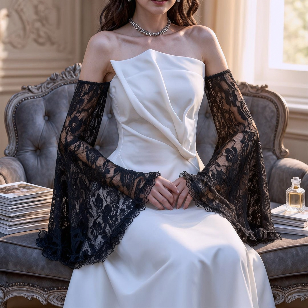 Strapless Layered Organza Midi Dress In White With Black Arm Sleeves
