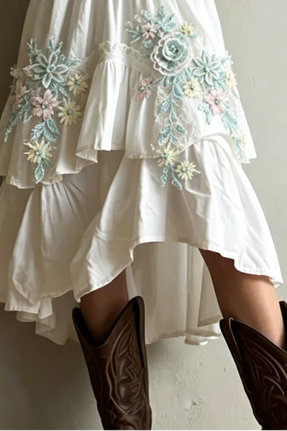 Corset-Style Embroidery Lace Trim Tiered Midi Dress