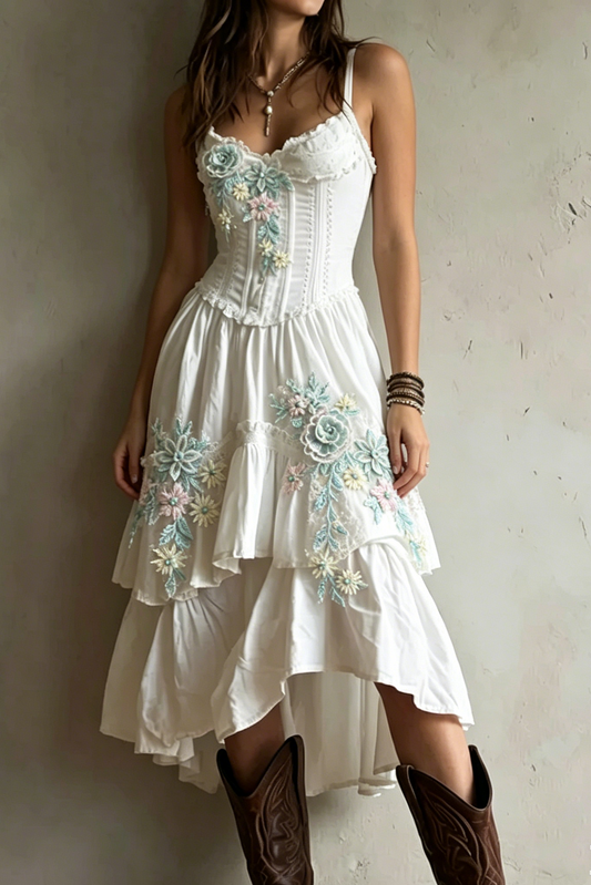 Corset-Style Embroidery Lace Trim Tiered Midi Dress