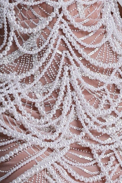 Off Shoulder Organza Pearl Beaded Mini Bodycon Dress