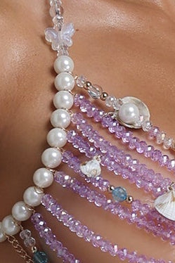 Lavender Crystal Shell Pearl Halter Body Chain Top