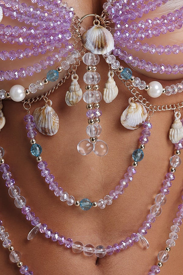 Lavender Crystal Shell Pearl Halter Body Chain Top