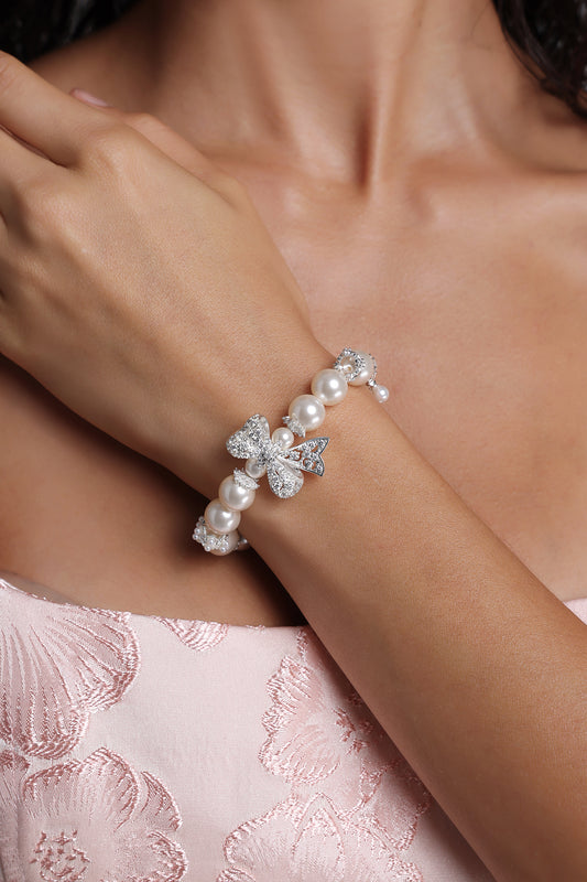 Rhinestone Bow Round Pearl Beaded Bracelet