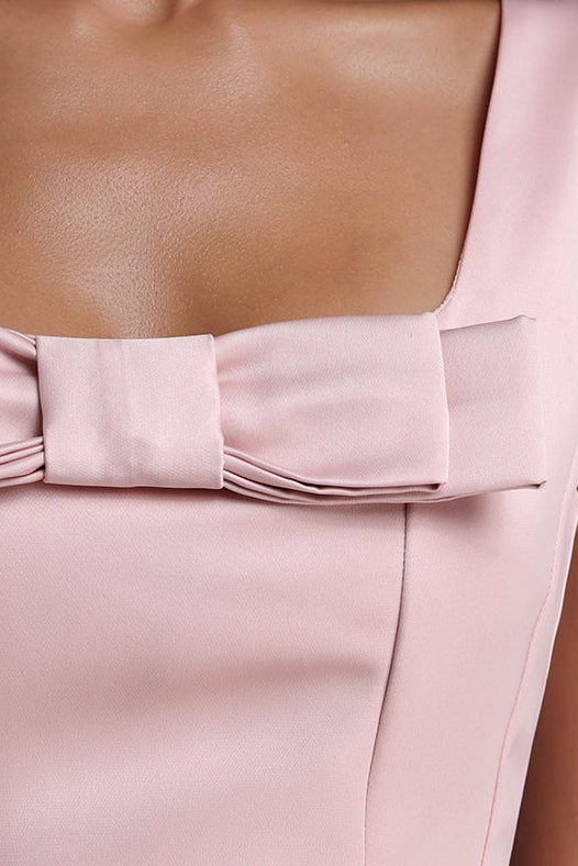 Square Strap Front Bow Satin Midi Swing Dress