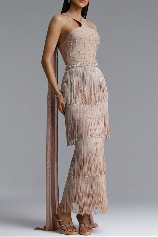 Halter Beaded Tiered Fringe Maxi Dress