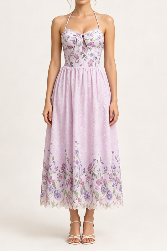 Halter Spaghetti Strap Bow Front Floral Embroidery Midi Dress