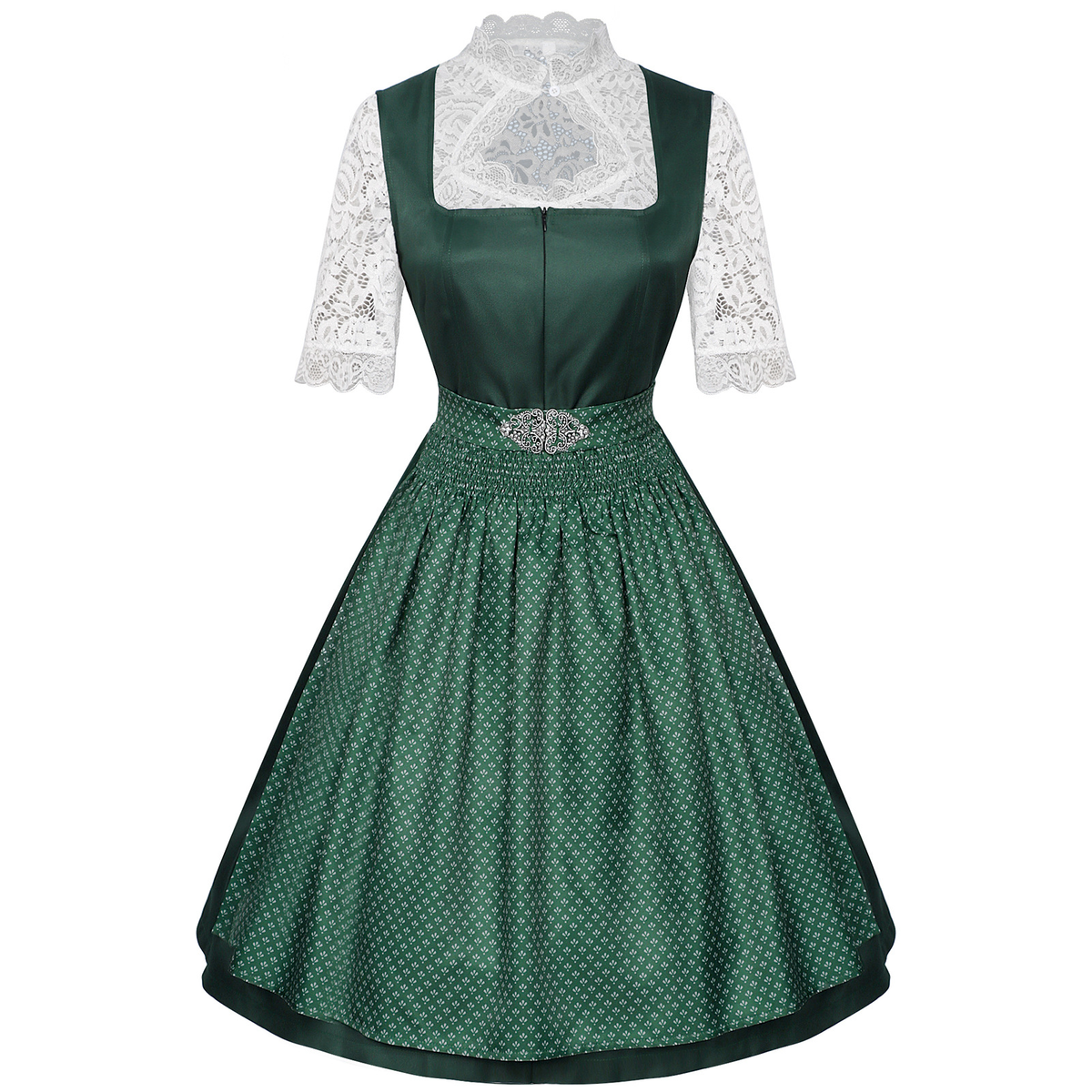 dark green satin-finish polyester or silk blend fit-and-flare dirndl set
