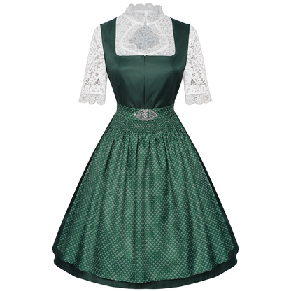 dark green satin-finish polyester or silk blend fit-and-flare dirndl set