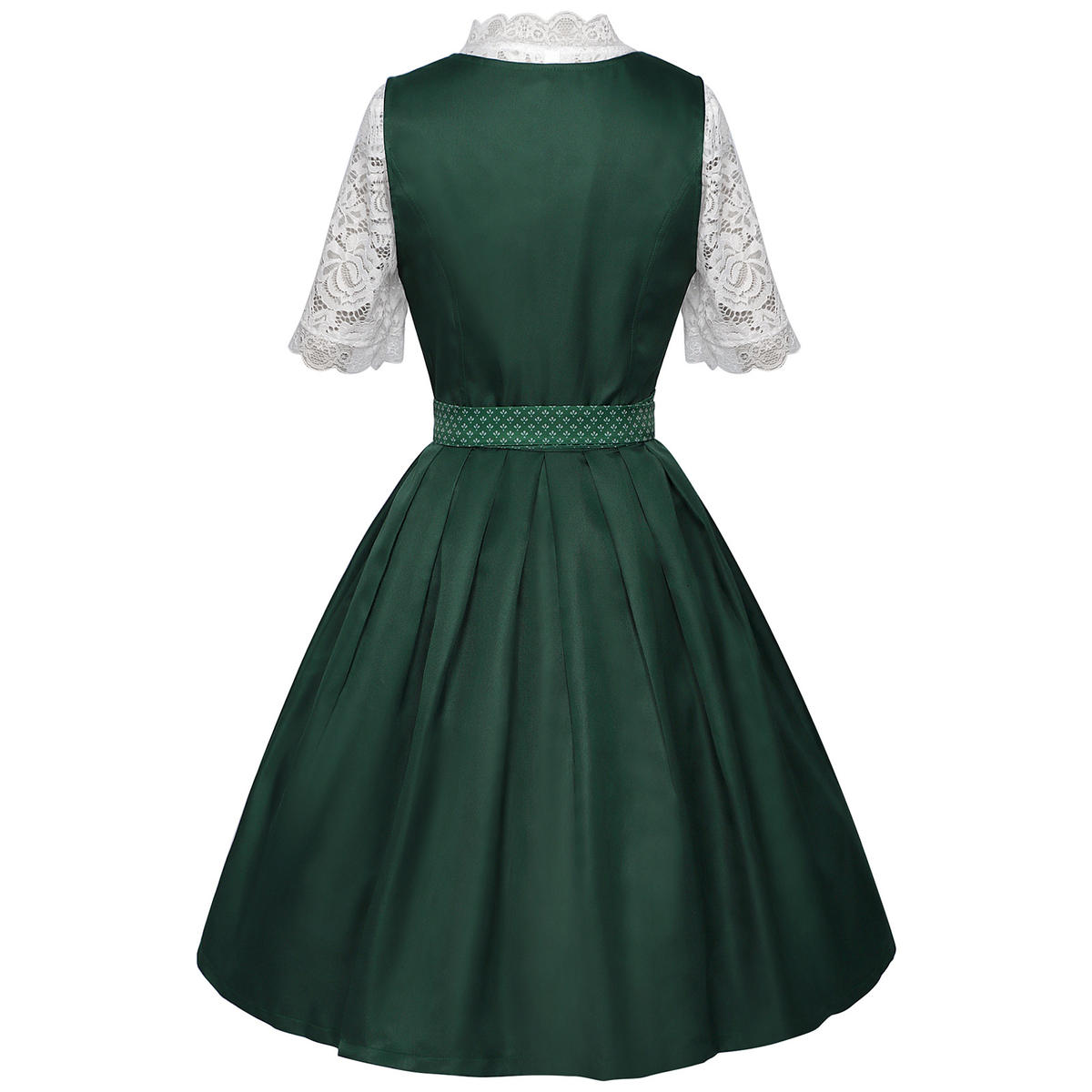 dark green satin-finish polyester or silk blend fit-and-flare dirndl set